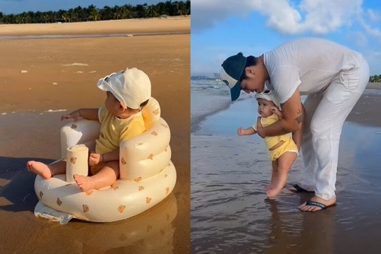 Sự dạn dĩ của 'bản sao nhí' nhà Huy Trần khi lần đầu ra biển.